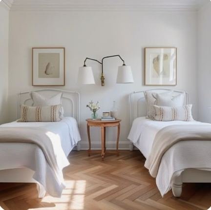 Twin-bed guest room with herringbone floor