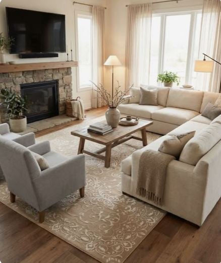 Neutral living room with sectional and stone fireplace